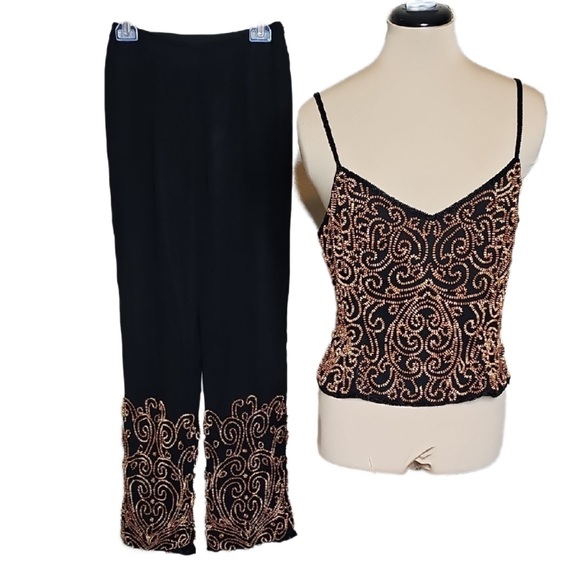 Cache Pants - Cache Black and Gold Beaded Pants and Top Set- Silk!